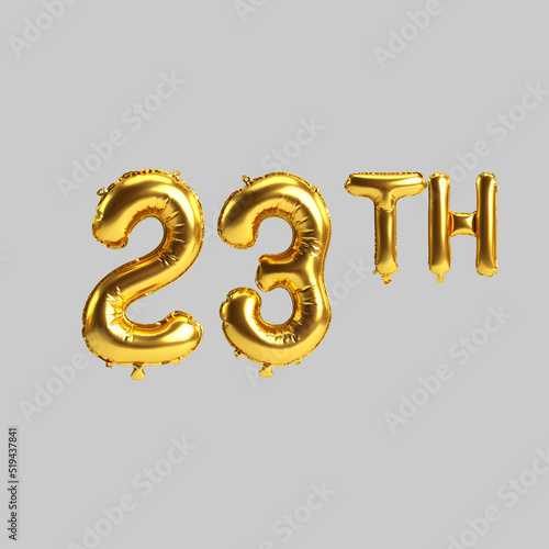 3d illustration of 23th golden balloons isolated on white background