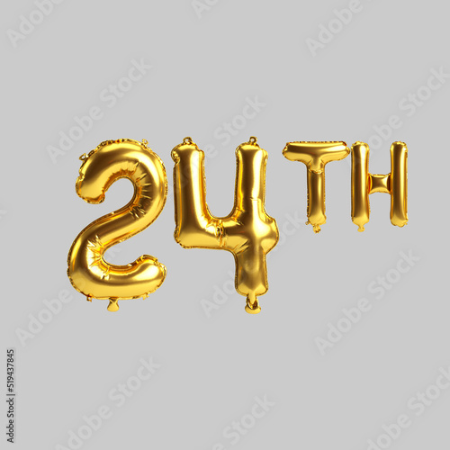 3d illustration of 24th golden balloons isolated on white background