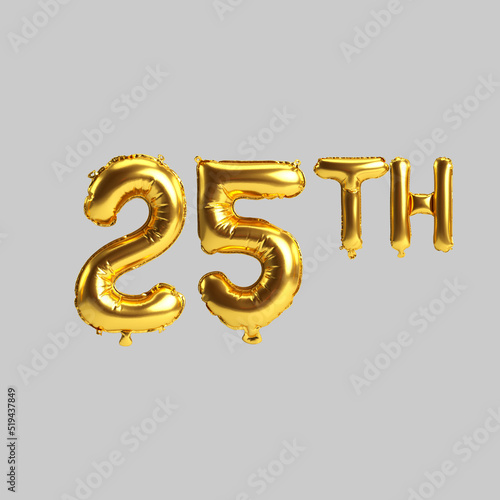 3d illustration of 25th golden balloons isolated on white background