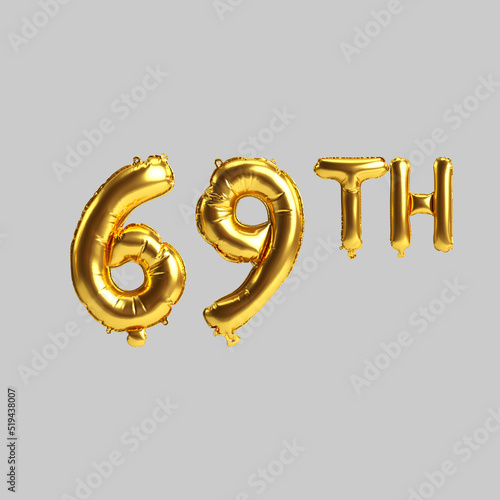 3d illustration of 69th golden balloons isolated on white background