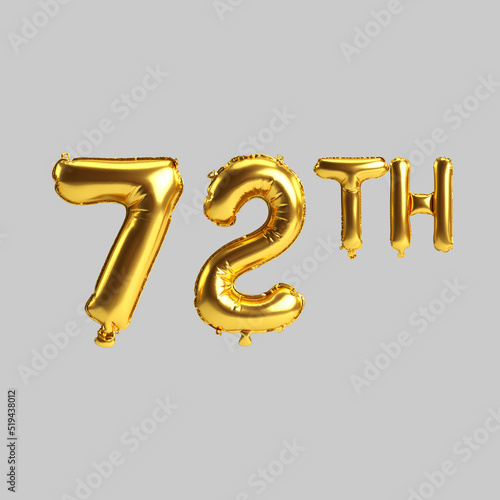 3d illustration of 72th golden balloons isolated on white background