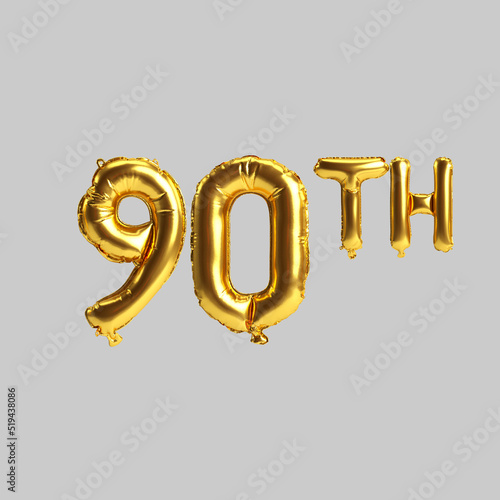 3d illustration of 90th golden balloons isolated on white background photo