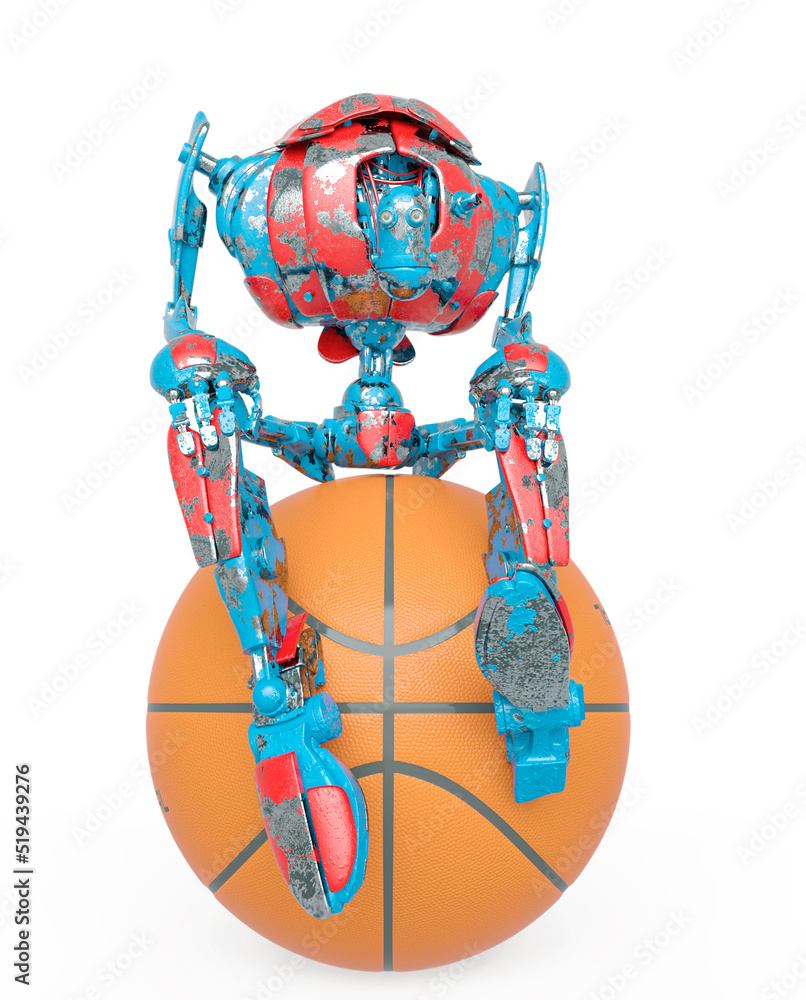 out of date robot is sitting on the basketball ball in white background - obrazy, fototapety, plakaty 