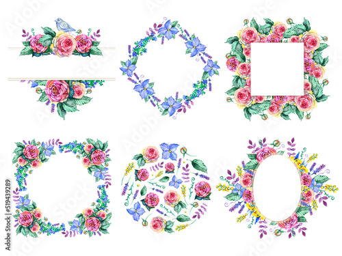 Delicate floral wreath, watercolor frame with abstract flowers, plants and leaves, isolated illustration on white background for invitation or greeting card in vintage rustic style.