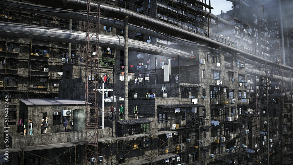 Apocalyptic city build. Overpopulation problem. Realistic 4k animation. 3d rendering.