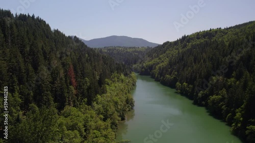 Drone footage over the Nisqually River in a forest of evergreen trees near Le Grande Dam.