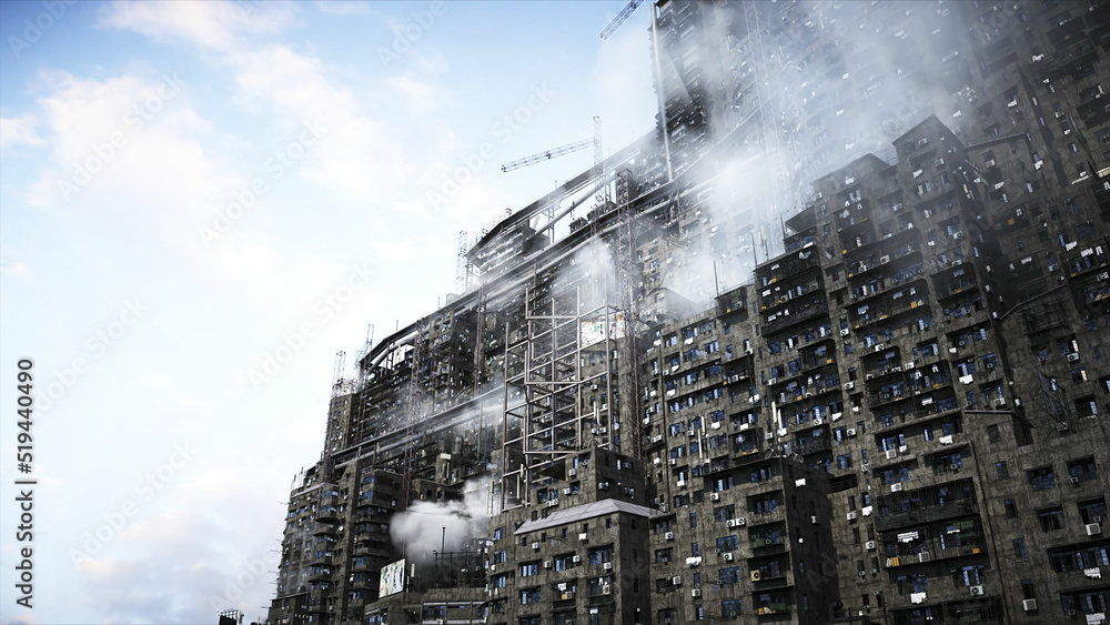 Apocalyptic city build. Overpopulation problem. Realistic 4k animation. 3d rendering.