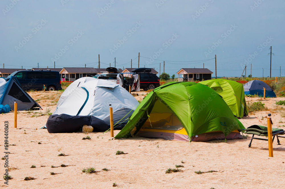 Beach tent camping. Camp site. Campsite. Recreational camping ground