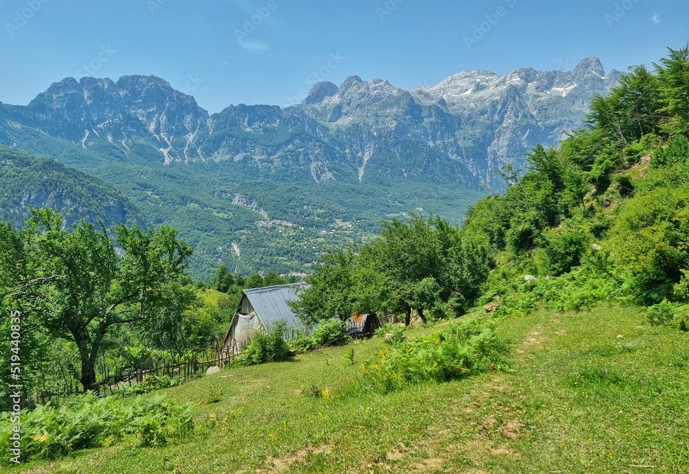 landscape with house and mountains in Albania