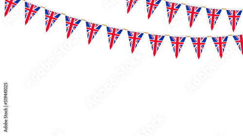 UK flag garland. Union Jack pennants chain. British party bunting decoration. Great Britain flags for celebration. Footer and banner background.