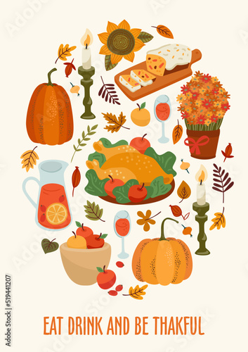 Happy Thanksgiving illustration with festive table, Vector design for card, poster, flyer, web and other