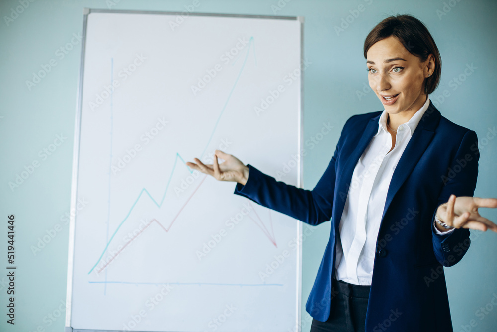 Business woman analyst standing by the white board at the office Business woman analyst standing by the white board at the office