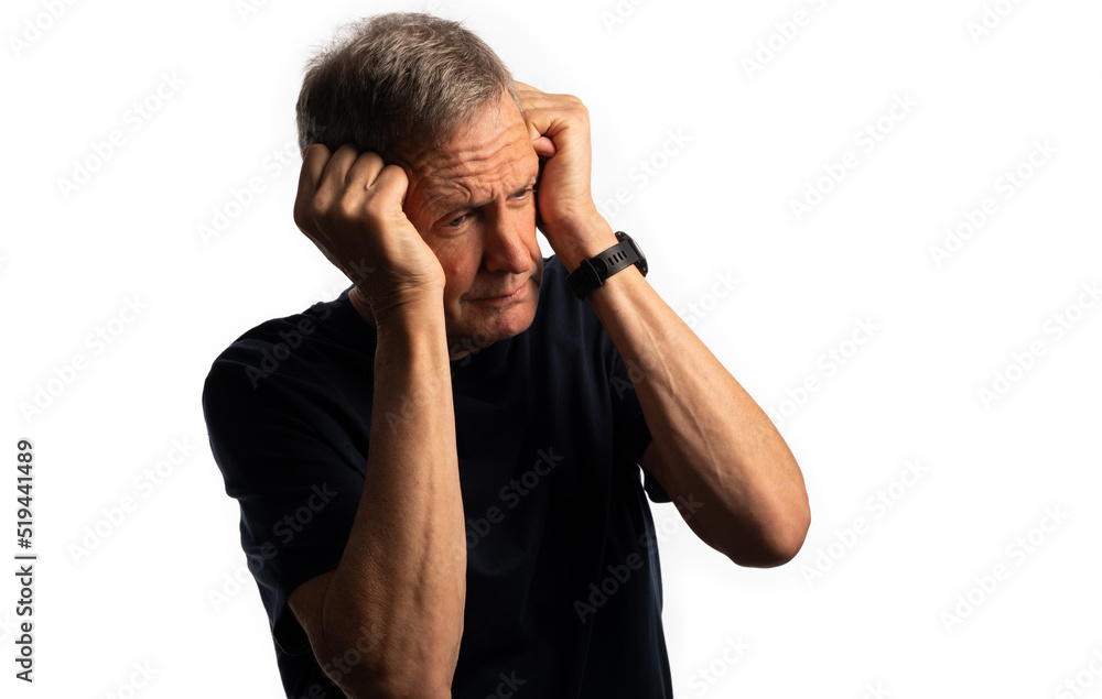 Old man stressed, fists clenched and held to his head, near breaking point. Isolated on a white background with copy space Old man stressed, fists clenched and held to his head, near breaking point. Isolated on a white background with copy space