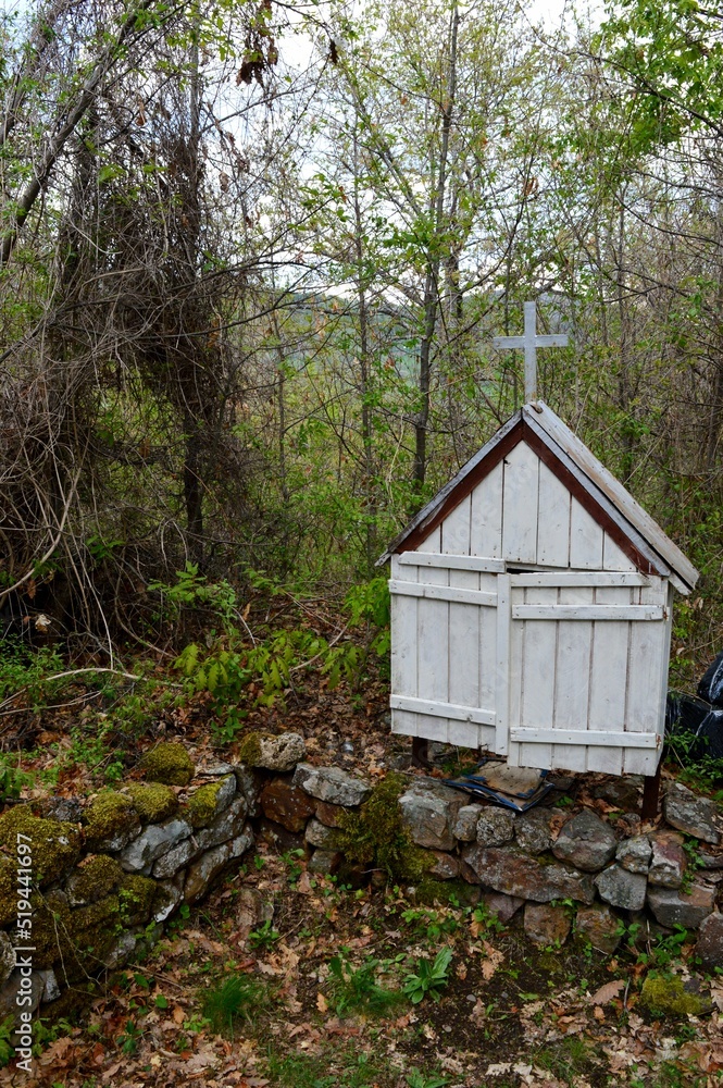 a small altar on the site of an old ruined church