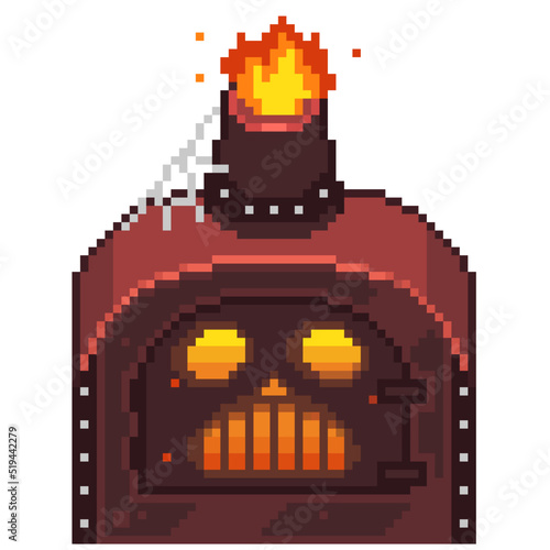 An 8-bit retro-styled pixel-art illustration of a steel furnace containing a raging fire.