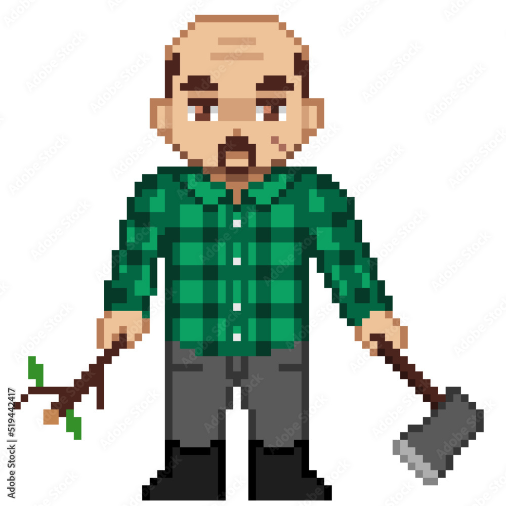 Fototapeta premium An 8-bit retro-styled pixel-art illustration of a lumberjack.