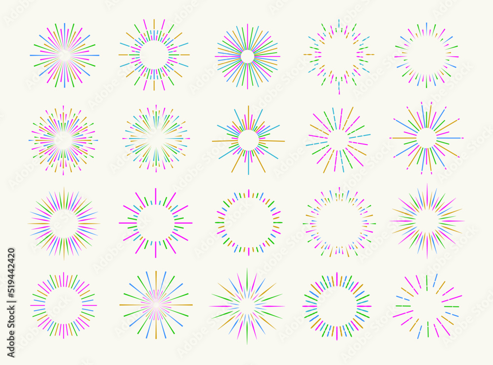 Neon sunburst set colorfulstyle isolated on white background for logo, stamp, logotype, emblem, t shirt, banner. Firework explosion, star. Vector Illustration 10 eps Neon sunburst set colorfulstyle isolated on white background for logo, stamp, logotype, emblem, t shirt, banner. Firework explosion, star. Vector Illustration 10 eps
