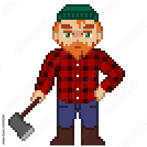An 8-bit retro-styled pixel-art illustration of a lumberjack.
