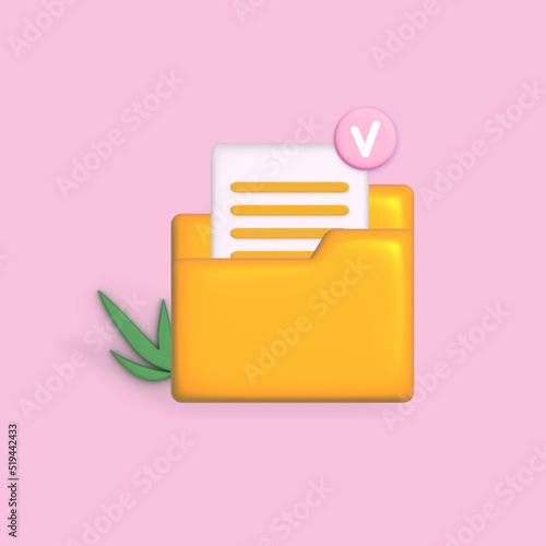  Document cartoon style minimal folder with files icon isolated on pink pastel background. 3d illustration. 