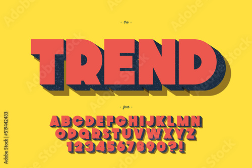 Vector trend font 3d bold style for party poster, kids book, t shirt, flier, decoration, card, sale banner, printing on fabric, industrial. Cool typeface. Trendy alphabet. Vector 10 eps