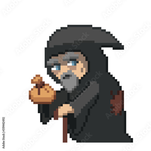 An 8-bit retro-styled pixel-art illustration of a hooded merchant.