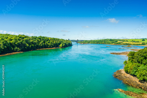 View of Pont Brittania bridge across the Menai Strait between the island of Anglesey and mainland Wales