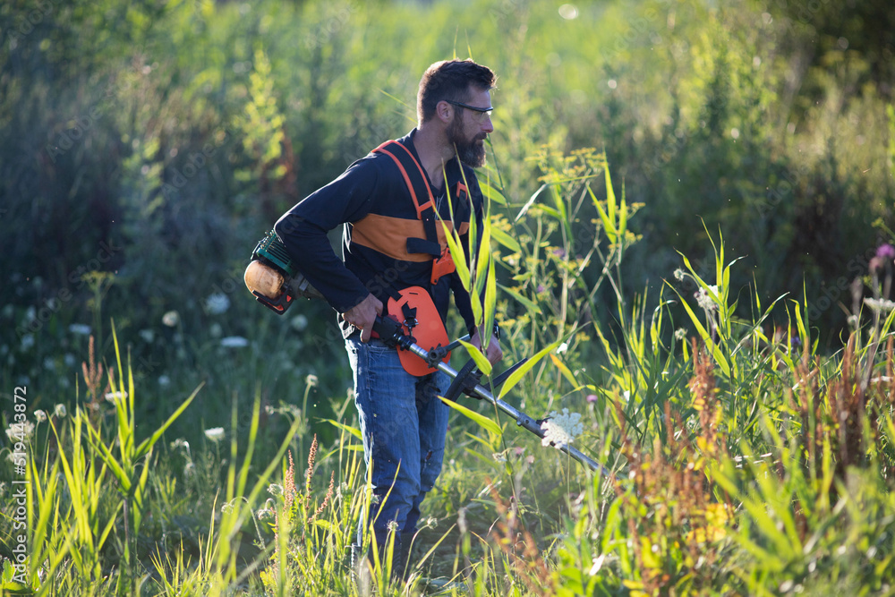 man trimming weed with weed trimmer in summer man trimming weed with weed trimmer in summer
