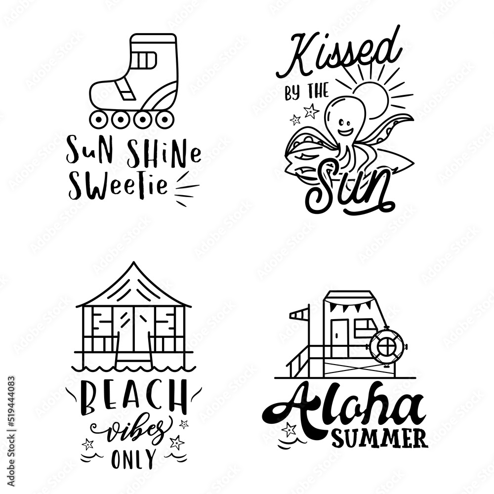 Summer badges set with different quotes and sayings - Sun Shine Sweetie. Retro beach logos. VIntage surfing labels and emblems. Stock vector graphics
