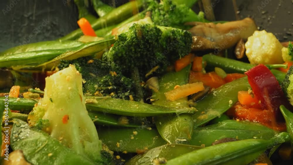 Vegetables stewed in a frying pan sprinkled with seasoning. Vegetables stewed in a frying pan sprinkled with seasoning.