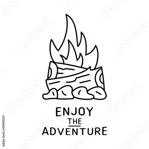 Camping T Shirt Design in minimalist Line Art Style with Quote - Enjoy the Adventure. Travel linear Emblem. Hiking Silhouette Label. Stock vector badge