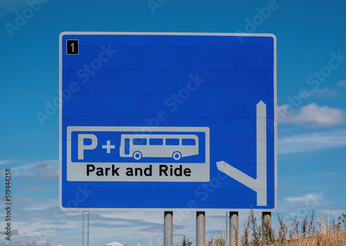 A British motorway sign directing to a park and ride location at the next junction