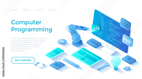 Computer programming, software, web, app development. Program code on monitor screen, website template on on tablet and phone. Landing page template for web on white background.