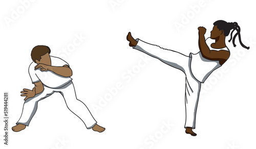 Brazilian from the state of Bahia are playing capoeira. This is the best known Brazilian sport in the world. Editable vector set on white background.