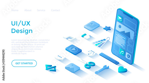 User Interface UI and User Experience UX design. Interface construction. Mobile application, program development. Landing page template for web on white background.