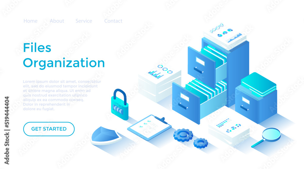 File organization service. Document archiving concept. Organized data storage system. Drawers with folders and documents. Landing page template for web on white background.
