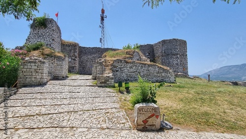 ruins of the castle in the mountains in Berat, Albania photo