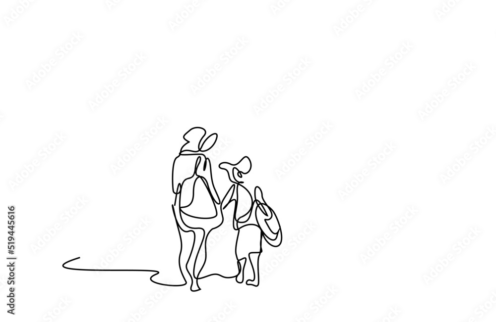 a mother and her son with a backpack walk to school together