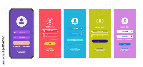 Login form page vector set with trendy flat color background for app development, smartphone mockups, website ui elements, online login form, registration, user profile, access to account. 10 eps