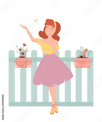 Retro woman from the 50's in retro clothes in front of a fence with flowers. Cute vector color illustration. Woman gardener in retro style with puffy skirt and polka dot blouse. 
