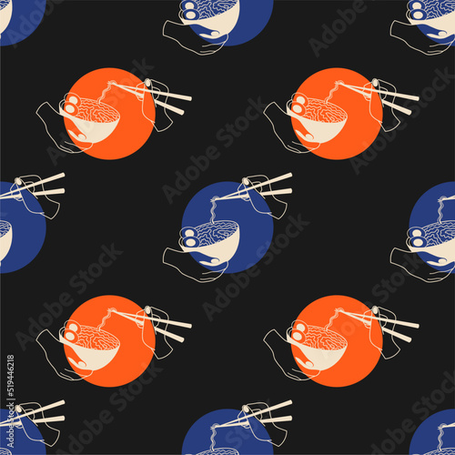 Poster with ramen in hands, seamless pattern. Template for Japanese restaurant. Advertising with oriental cuisine.