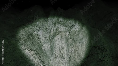 Discovering a trench in the sea bed with a spot light. Submarine view of the bottom of the ocean underwater. Ocean floor animation.