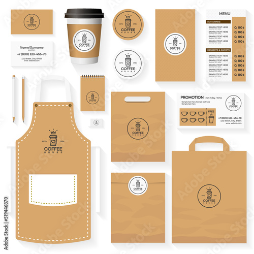 Coffee house corporate identity template design set with coffee house logo and paper glass of coffee. Restaurant cafe set card, flier, menu, package, uniform design set. Stock vector
