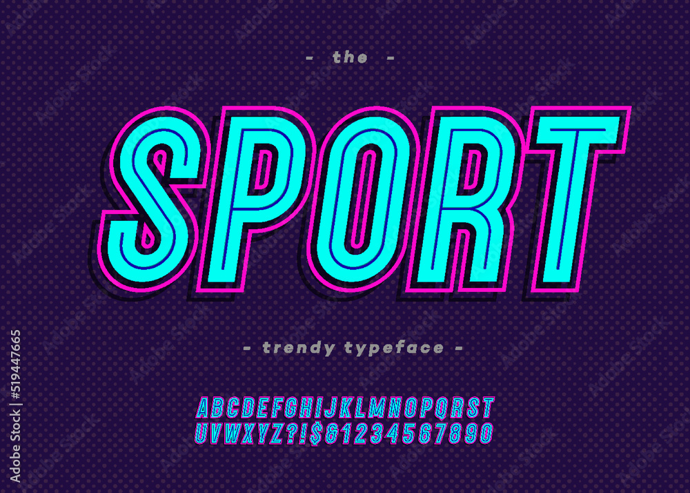 Vector bold neon sport alphabet modern typography sans serif style for t shirt, racing, game, promotion, poster, decoration, sale banner, printing on fabric. Cool font. Trendy typeface. 10 eps Vector bold neon sport alphabet modern typography sans serif style for t shirt, racing, game, promotion, poster, decoration, sale banner, printing on fabric. Cool font. Trendy typeface. 10 eps