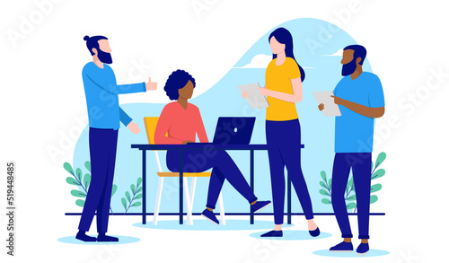 Diverse team of people - Group of characters with different ethnicities working together at workplace. Flat design vector illustration with white background