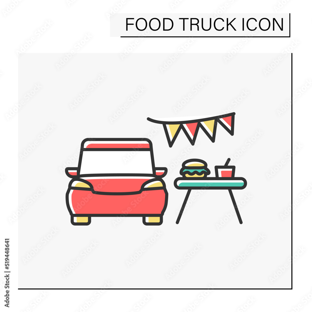 Festival color icon. Picnic near car. Commercial vehicle for selling tasty dishes. Food truck concept. Isolated vector illustration Festival color icon. Picnic near car. Commercial vehicle for selling tasty dishes. Food truck concept. Isolated vector illustration