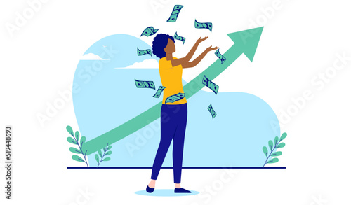 Ethnic woman financial success - Black woman making money and getting rich in front of green arrow pointing up. Flat design vector illustration with white background