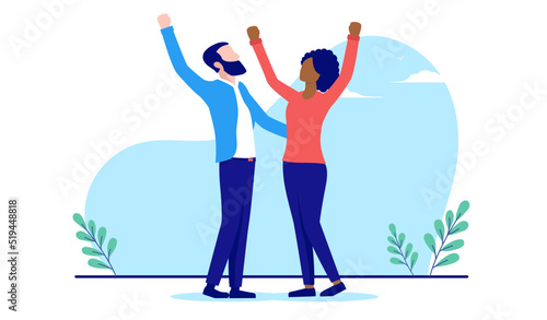 Happy interracial couple - Caucasian man and black woman celebrating standing with hands in air. Flat design vector illustration with white background