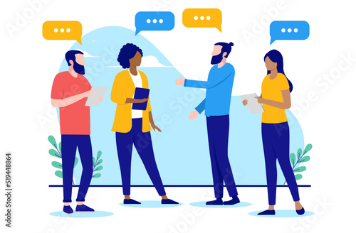 Diverse group of people communication - Men and women of different ethnicities  talking and discussing in office. Flat design vector illustration with white background