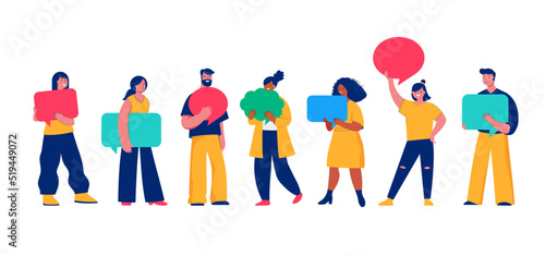 People holding colorful speech bubbles, giving review rating and feedback. Customer choice and employee feedback. Rank rating stars feedback. Business satisfaction support. 
