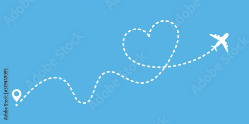 Airplane routes travel with heart shape vector icon isolated on blue background